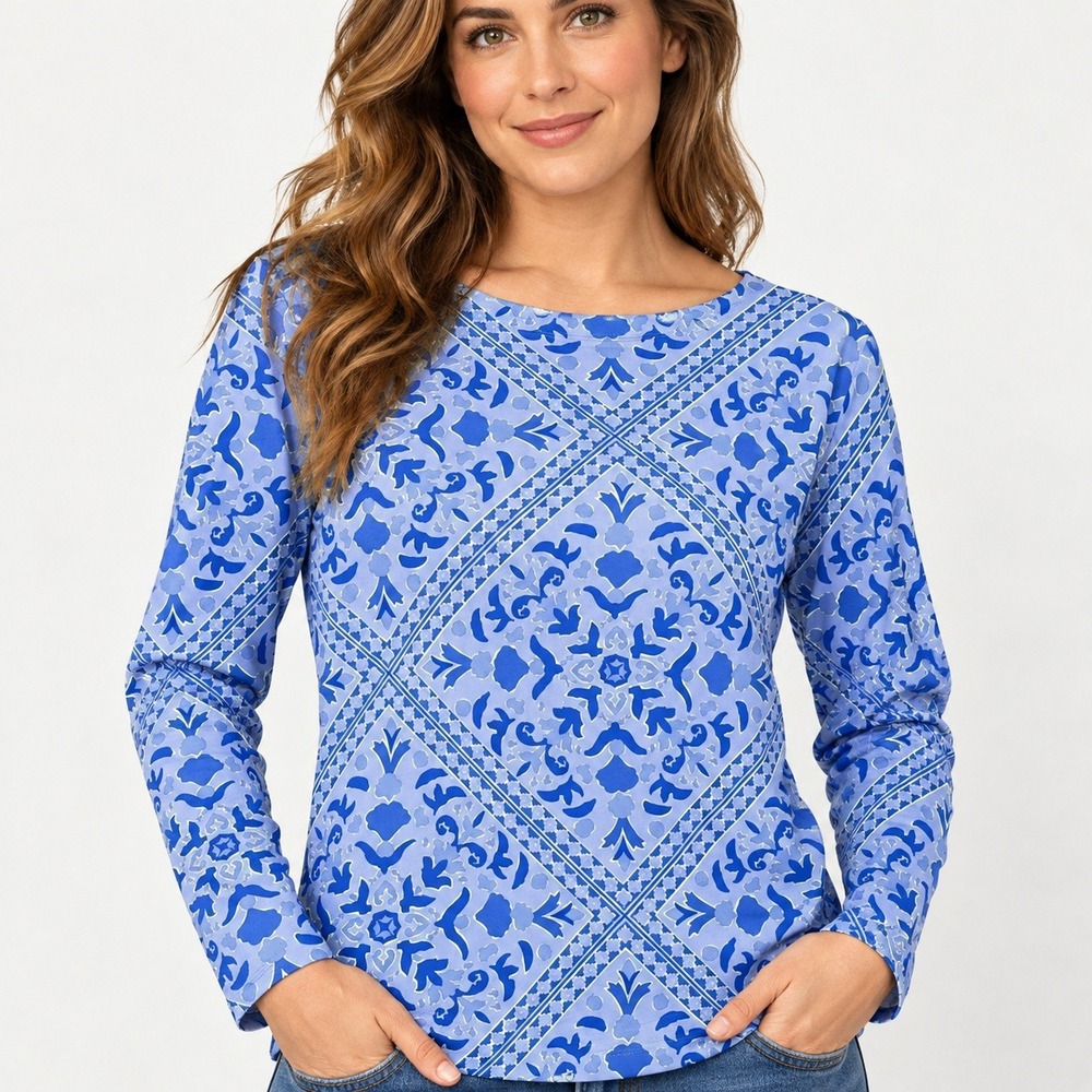 Vineyard Vines Blue Geometric Tile Floral Print Long Sleeve Top XS